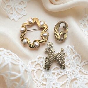 Lot Of 3 Vintage Monet Wreath Poodle Dog Mamselle “G” Initial Pins Brooches